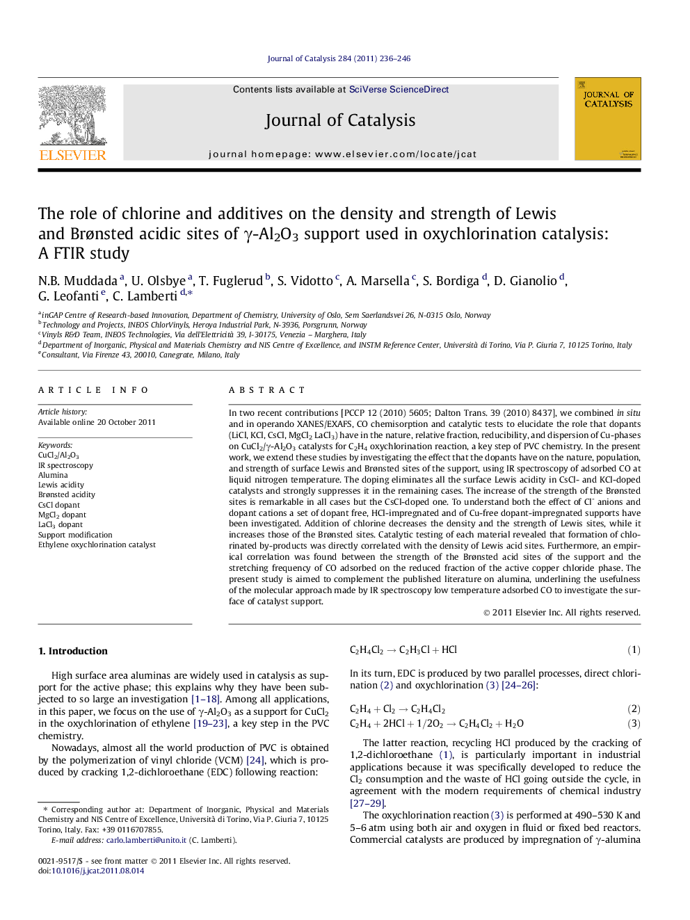 The role of chlorine and additives on the density and strength of Lewis and Brønsted acidic sites of γ-Al2O3 support used in oxychlorination catalysis: A FTIR study