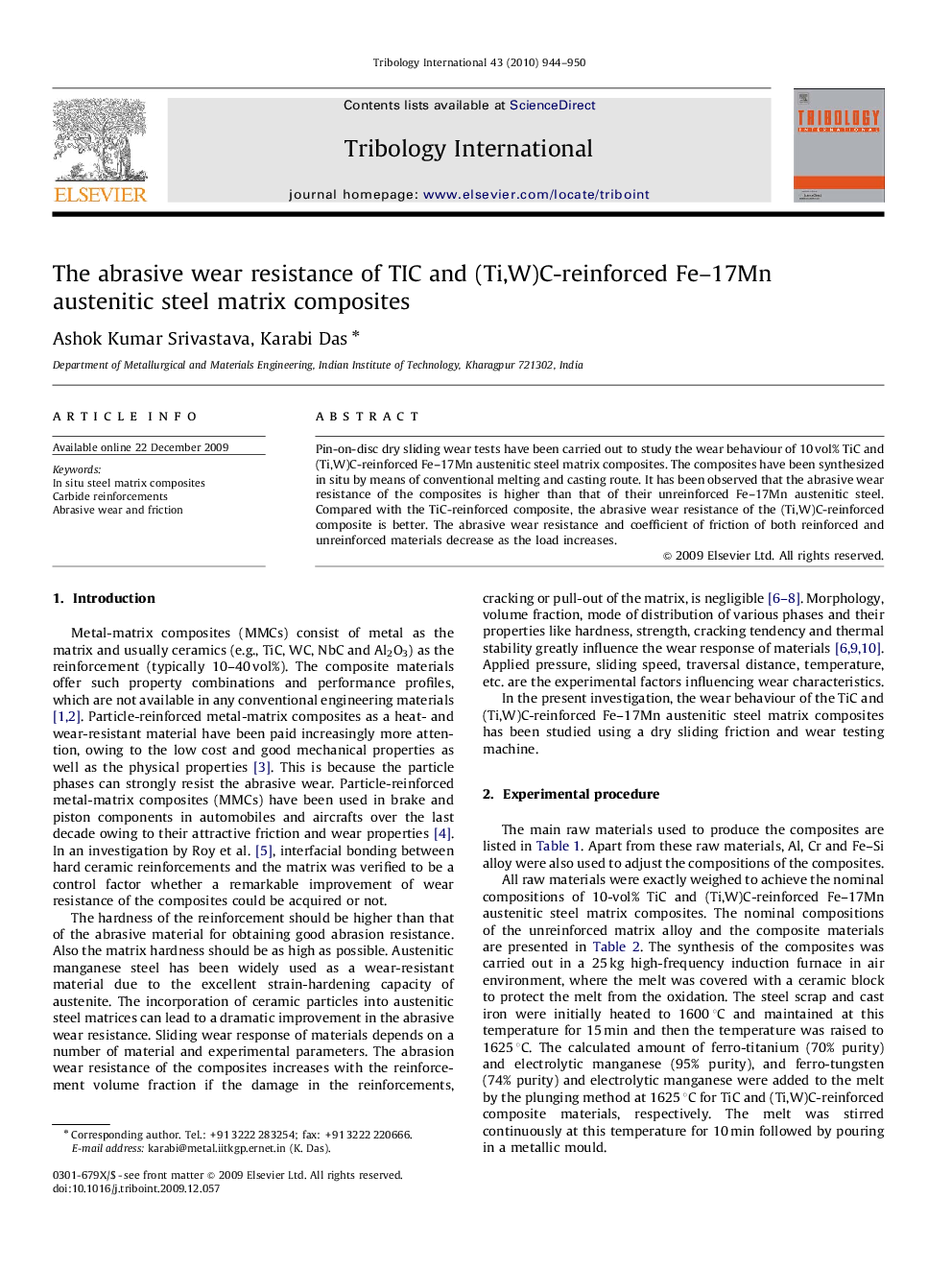 The abrasive wear resistance of TIC and (Ti,W)C-reinforced Fe–17Mn austenitic steel matrix composites