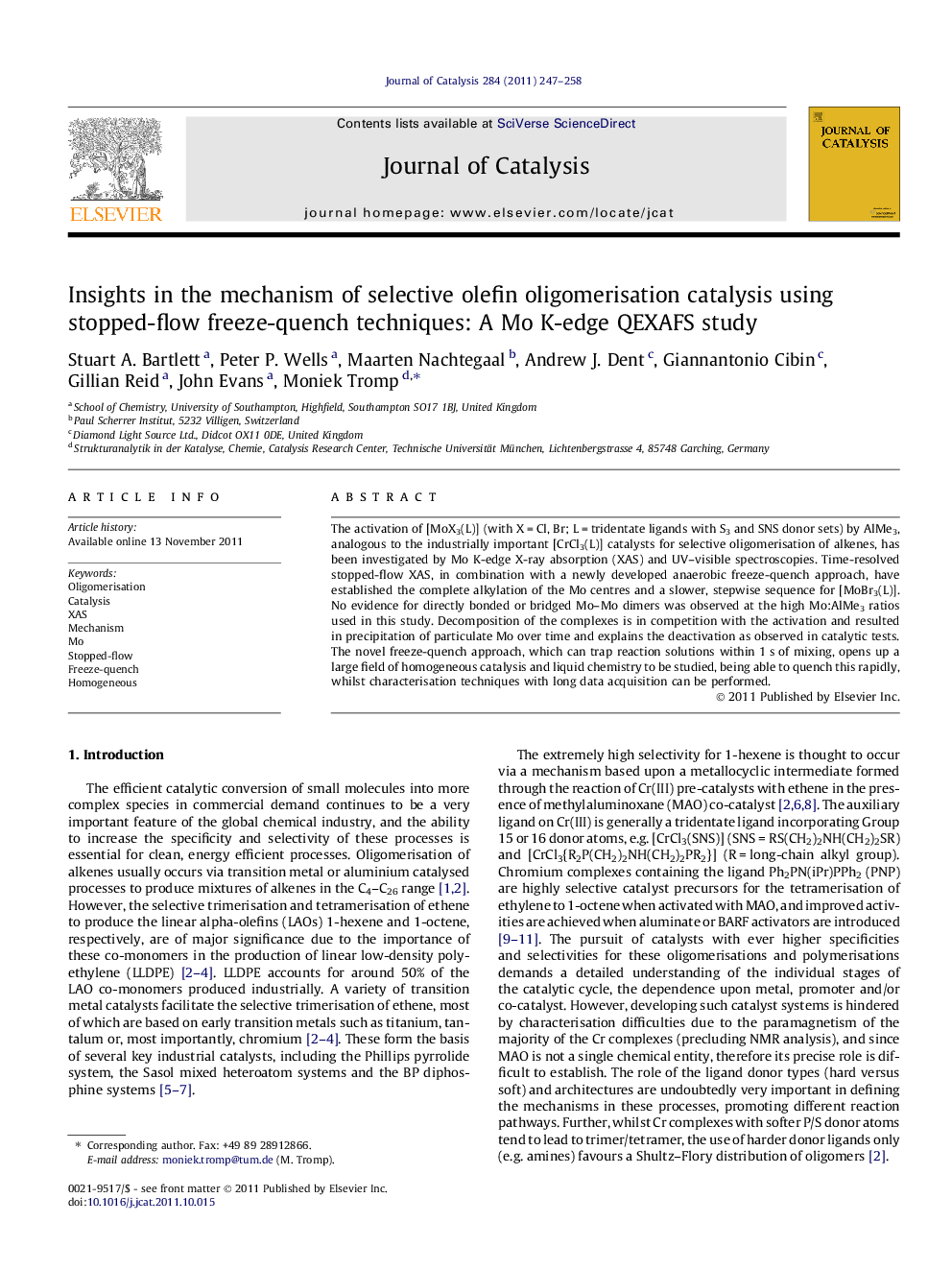 Insights in the mechanism of selective olefin oligomerisation catalysis using stopped-flow freeze-quench techniques: A Mo K-edge QEXAFS study