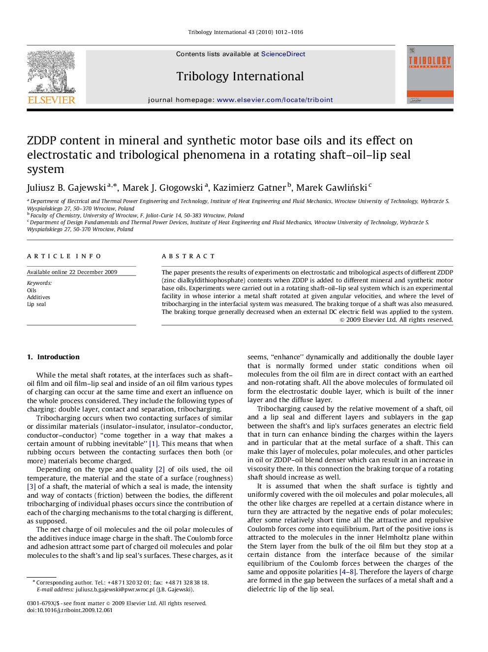 ZDDP content in mineral and synthetic motor base oils and its effect on electrostatic and tribological phenomena in a rotating shaft–oil–lip seal system