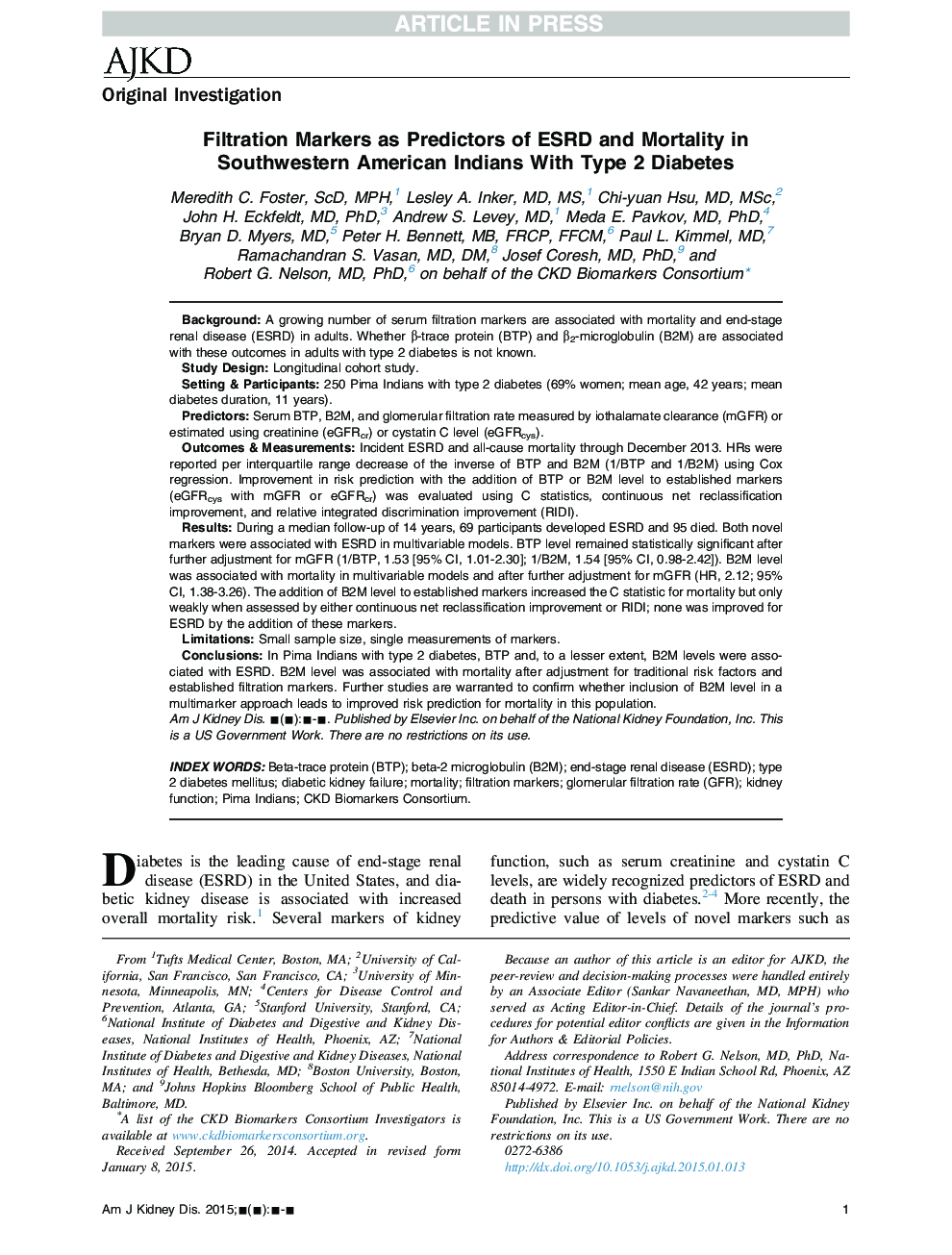 Filtration Markers as Predictors of ESRD and Mortality in Southwestern American Indians With Type 2 Diabetes