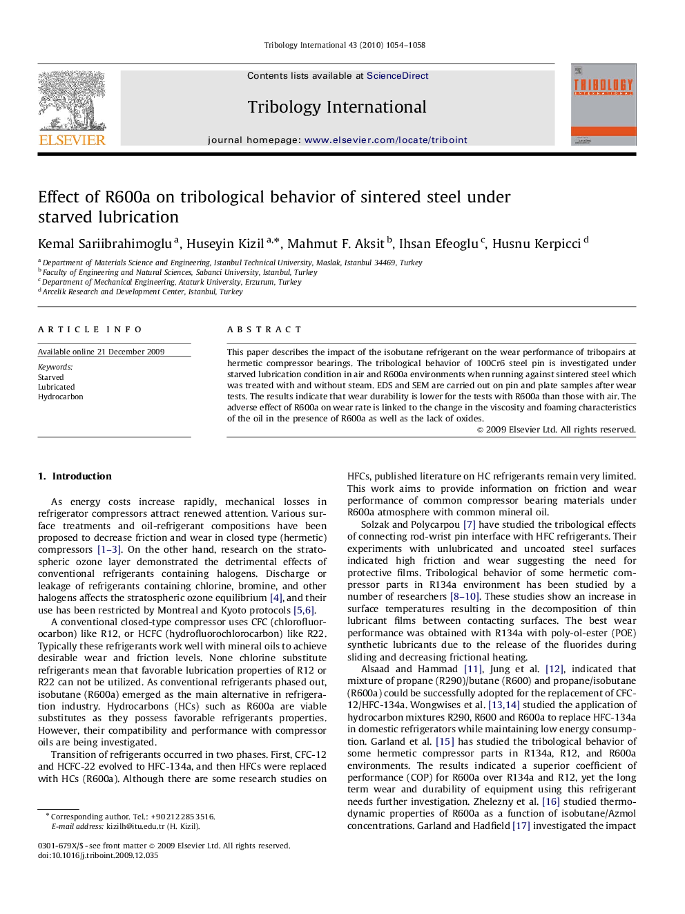 Effect of R600a on tribological behavior of sintered steel under starved lubrication