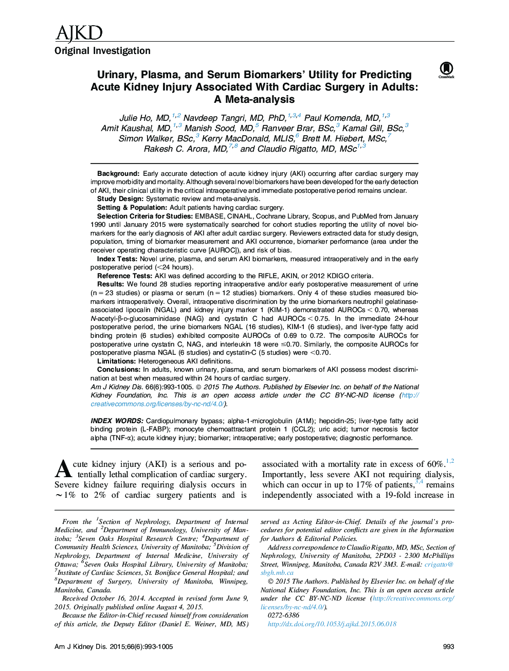 Urinary, Plasma, and Serum Biomarkers' Utility for Predicting Acute Kidney Injury Associated With Cardiac Surgery in Adults: A Meta-analysis