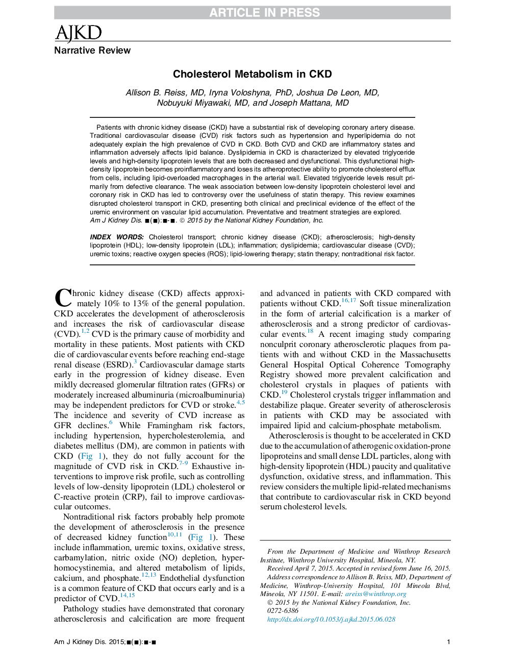 Cholesterol Metabolism in CKD