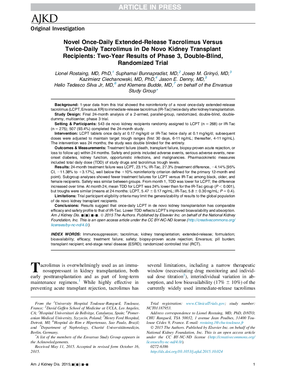 Novel Once-Daily Extended-Release Tacrolimus Versus Twice-Daily Tacrolimus in De Novo Kidney Transplant Recipients: Two-Year Results of Phase 3, Double-Blind, Randomized Trial