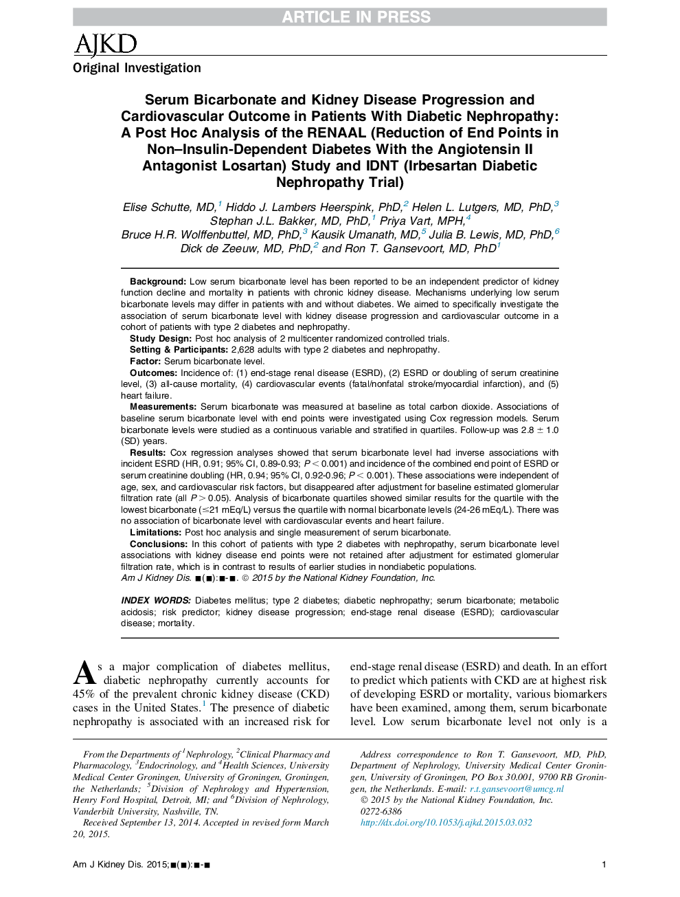 Serum Bicarbonate and Kidney Disease Progression and Cardiovascular Outcome in Patients With Diabetic Nephropathy: A Post Hoc Analysis of the RENAAL (Reduction of End Points in Non-Insulin-Dependent Diabetes With the Angiotensin II Antagonist Losartan) St