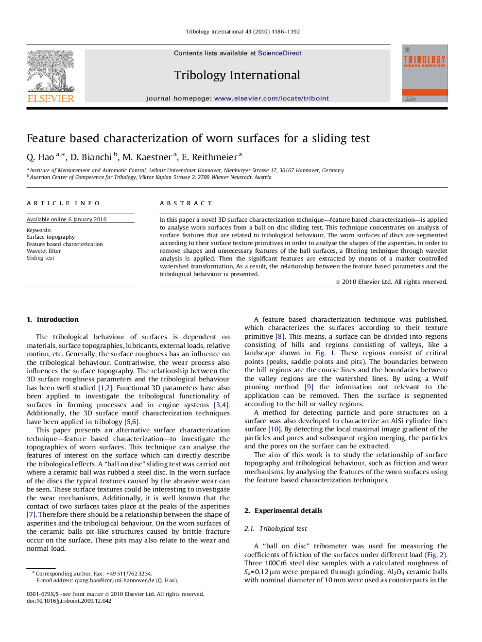 Feature based characterization of worn surfaces for a sliding test