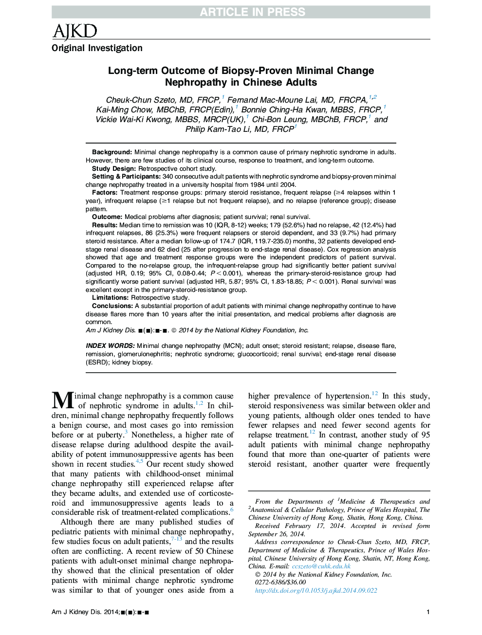 Long-term Outcome of Biopsy-Proven Minimal Change Nephropathy in Chinese Adults