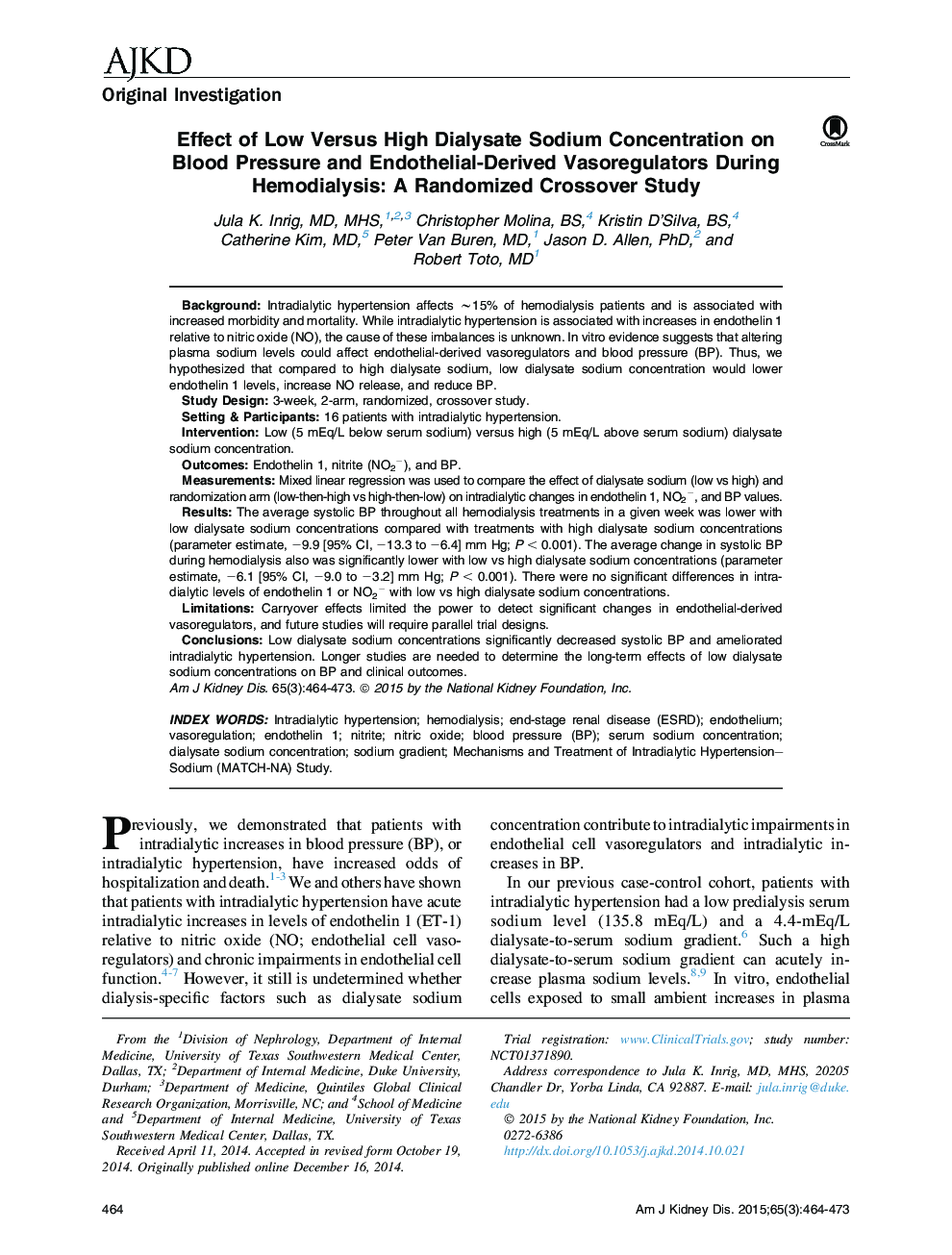 Effect of Low Versus High Dialysate Sodium Concentration on Blood Pressure and Endothelial-Derived Vasoregulators During Hemodialysis: A Randomized Crossover Study