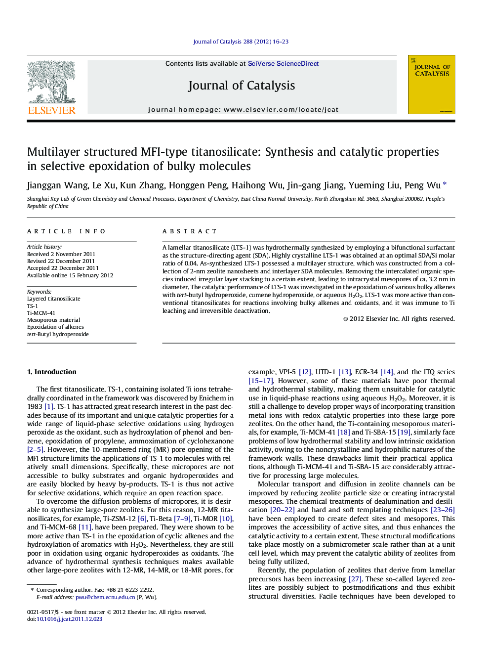 Multilayer structured MFI-type titanosilicate: Synthesis and catalytic properties in selective epoxidation of bulky molecules