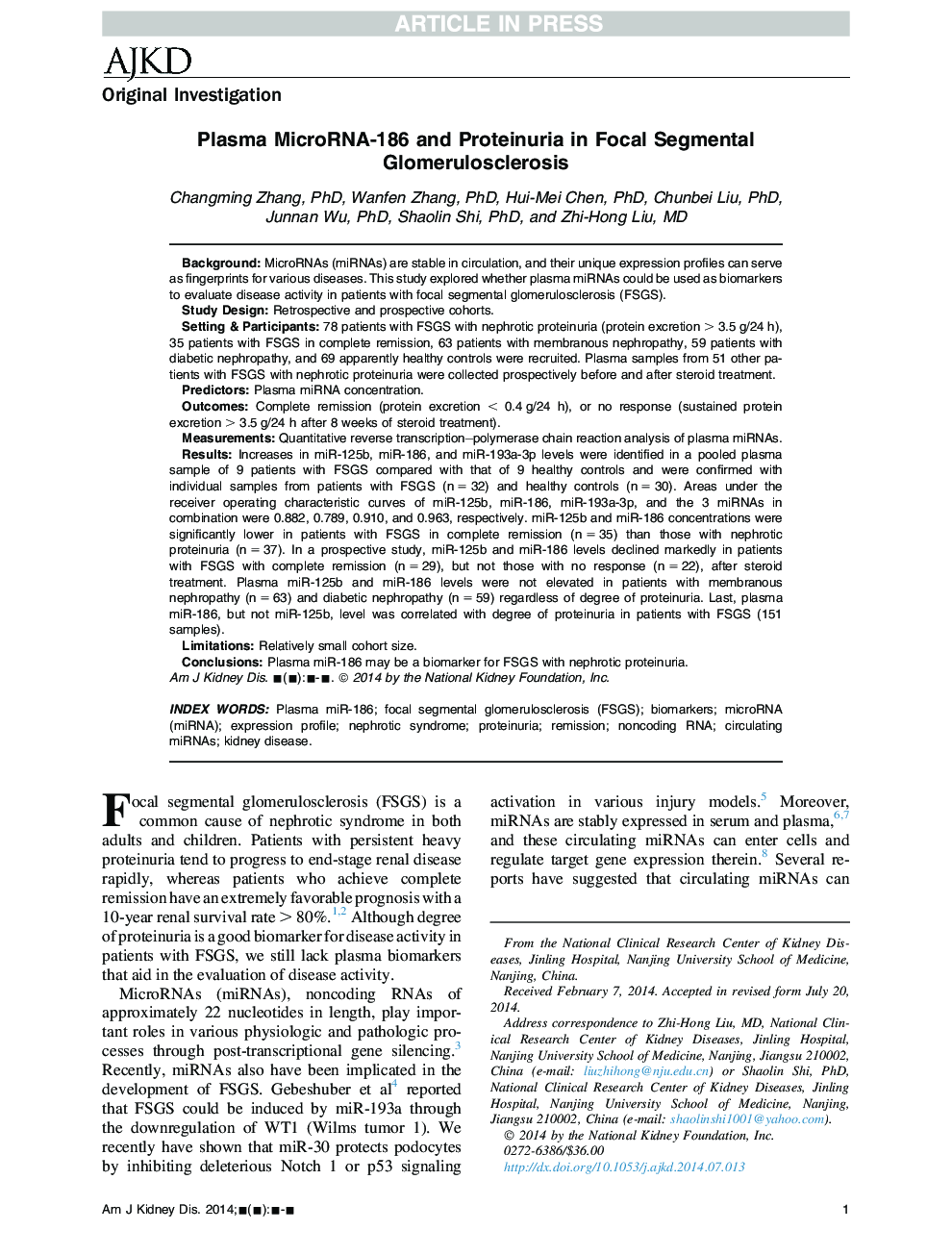 Plasma MicroRNA-186 and Proteinuria in Focal Segmental Glomerulosclerosis