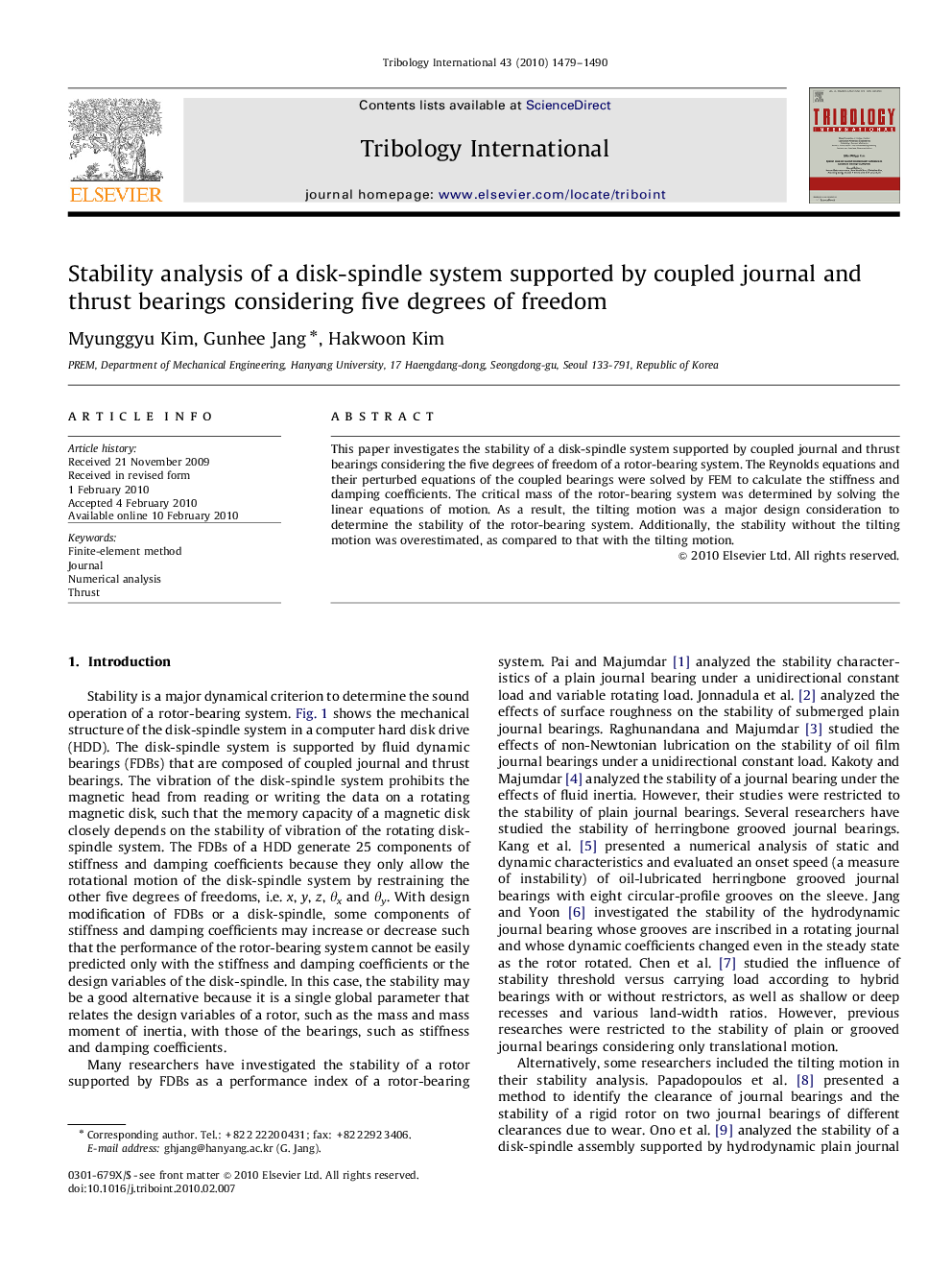 Stability analysis of a disk-spindle system supported by coupled journal and thrust bearings considering five degrees of freedom