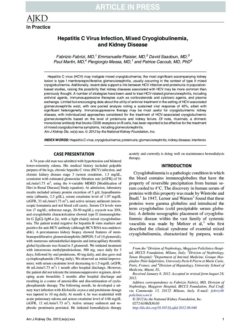 Hepatitis C Virus Infection, Mixed Cryoglobulinemia, and Kidney Disease