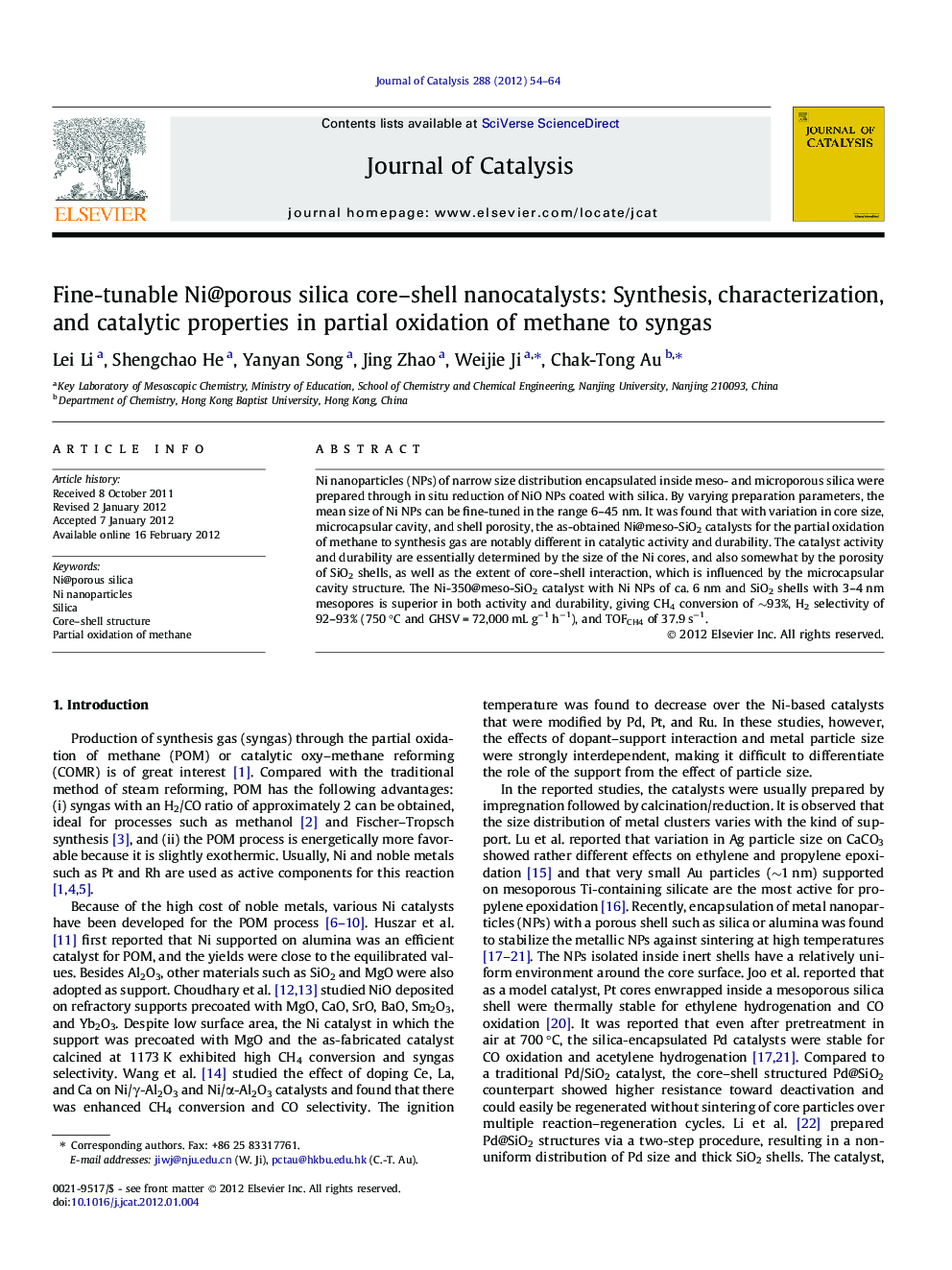 Fine-tunable Ni@porous silica core–shell nanocatalysts: Synthesis, characterization, and catalytic properties in partial oxidation of methane to syngas