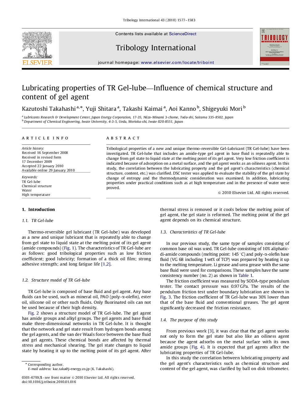 Lubricating properties of TR Gel-lube—Influence of chemical structure and content of gel agent