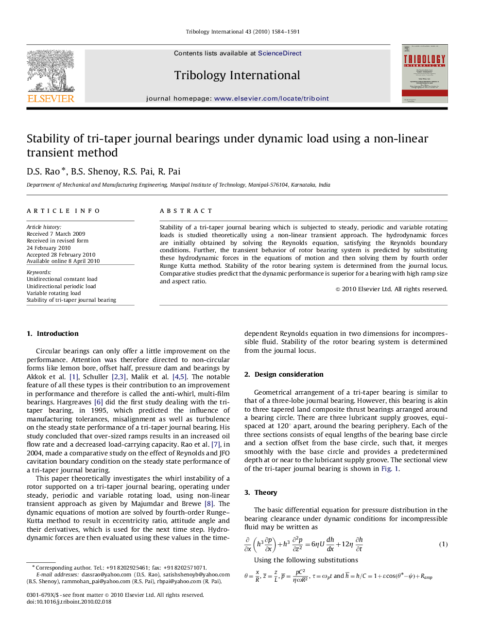 Stability of tri-taper journal bearings under dynamic load using a non-linear transient method