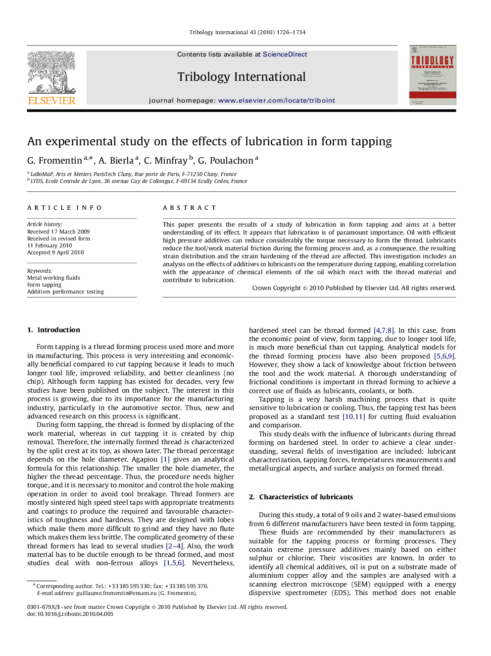 عکس صفحه اول مقاله: An experimental study on the effects of lubrication in form tapping An experimental study on the effects of lubrication in form tapping