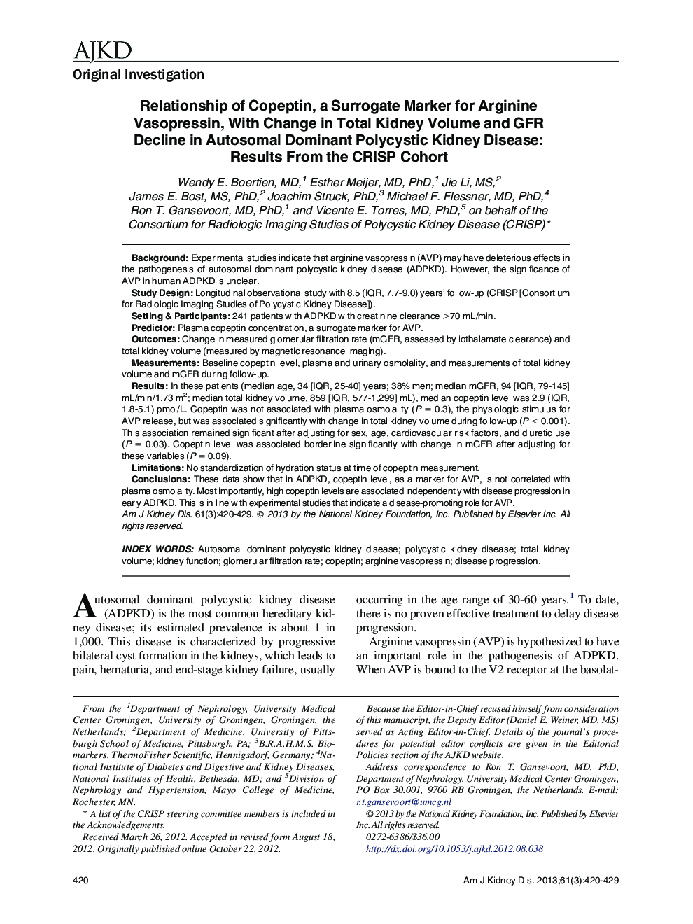 Relationship of Copeptin, a Surrogate Marker for Arginine Vasopressin, With Change in Total Kidney Volume and GFR Decline in Autosomal Dominant Polycystic Kidney Disease: Results From the CRISP Cohort