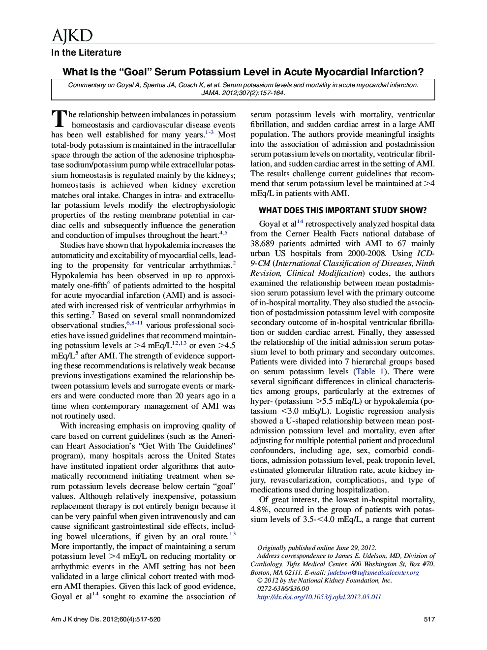 What Is the “Goal” Serum Potassium Level in Acute Myocardial Infarction?