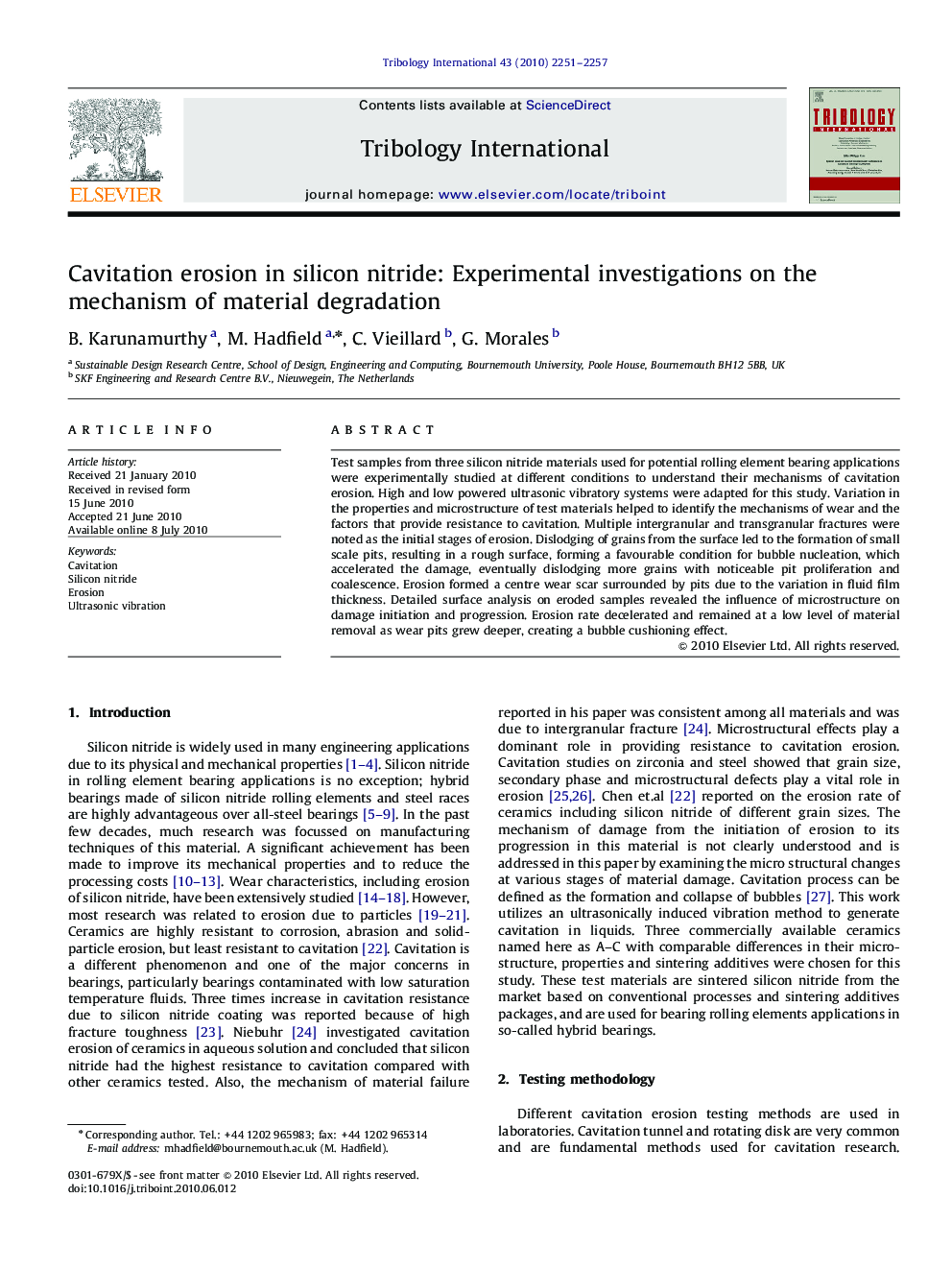 Cavitation erosion in silicon nitride: Experimental investigations on the mechanism of material degradation