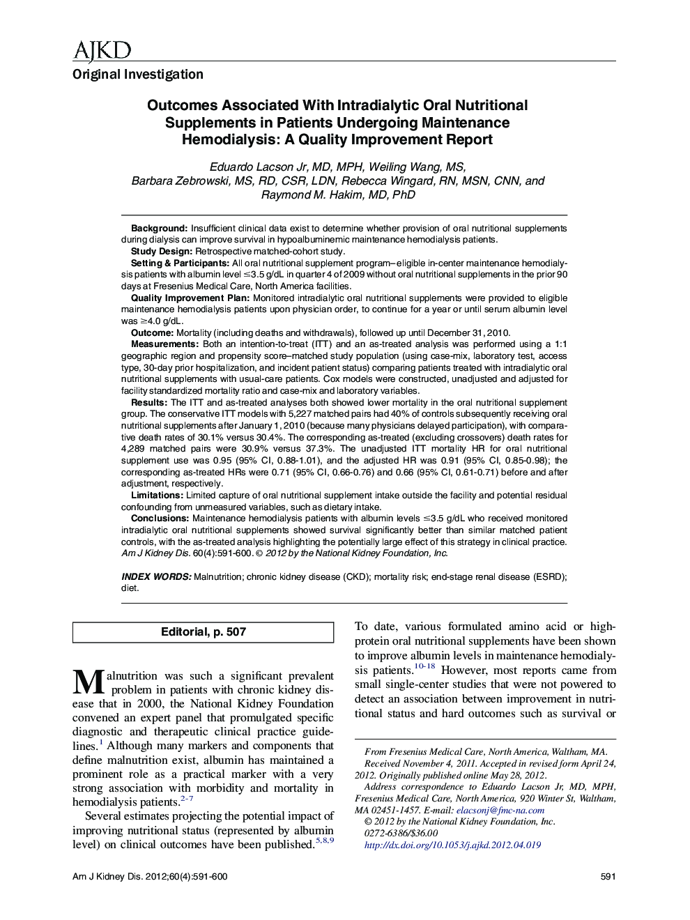 Outcomes Associated With Intradialytic Oral Nutritional Supplements in Patients Undergoing Maintenance Hemodialysis: A Quality Improvement Report