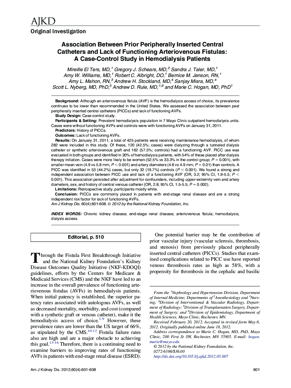 Association Between Prior Peripherally Inserted Central Catheters and Lack of Functioning Arteriovenous Fistulas: A Case-Control Study in Hemodialysis Patients