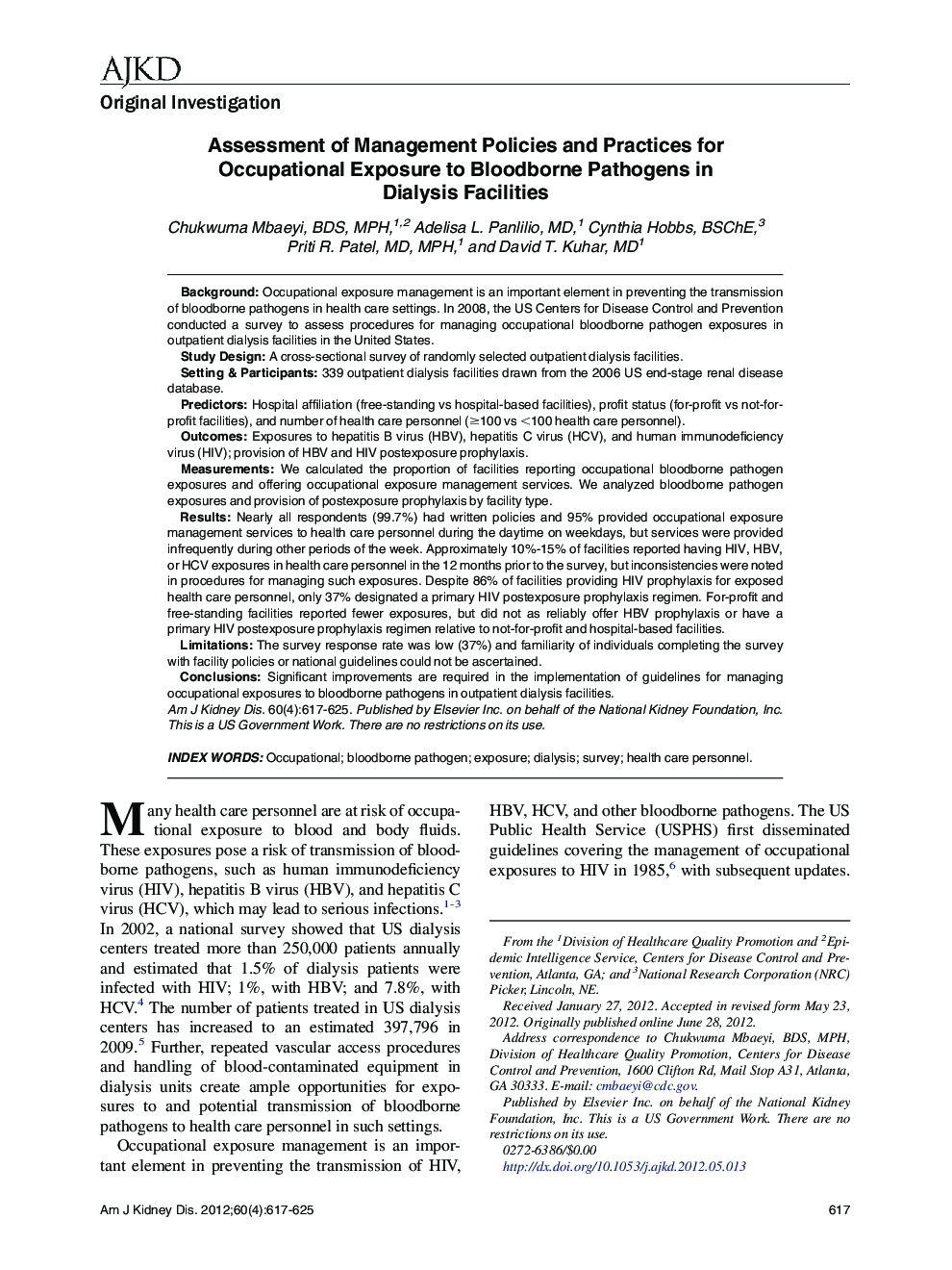 Assessment of Management Policies and Practices for Occupational Exposure to Bloodborne Pathogens in Dialysis Facilities