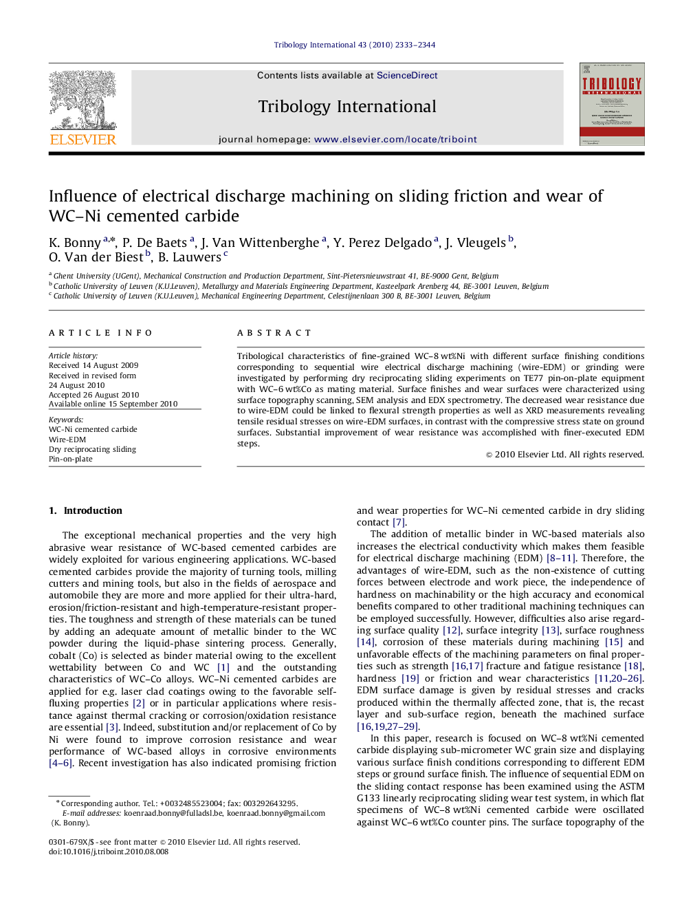 Influence of electrical discharge machining on sliding friction and wear of WC-Ni cemented carbide