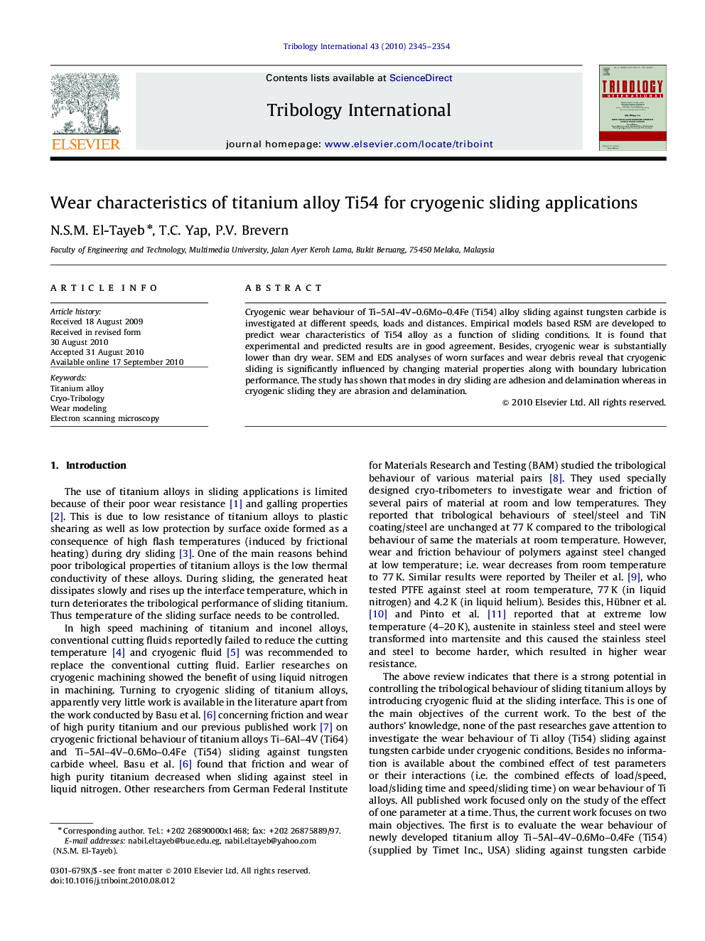 Wear characteristics of titanium alloy Ti54 for cryogenic sliding applications