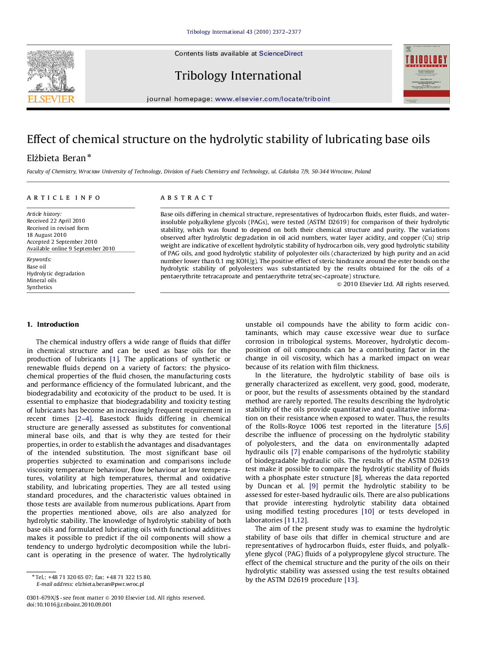 Effect of chemical structure on the hydrolytic stability of lubricating base oils