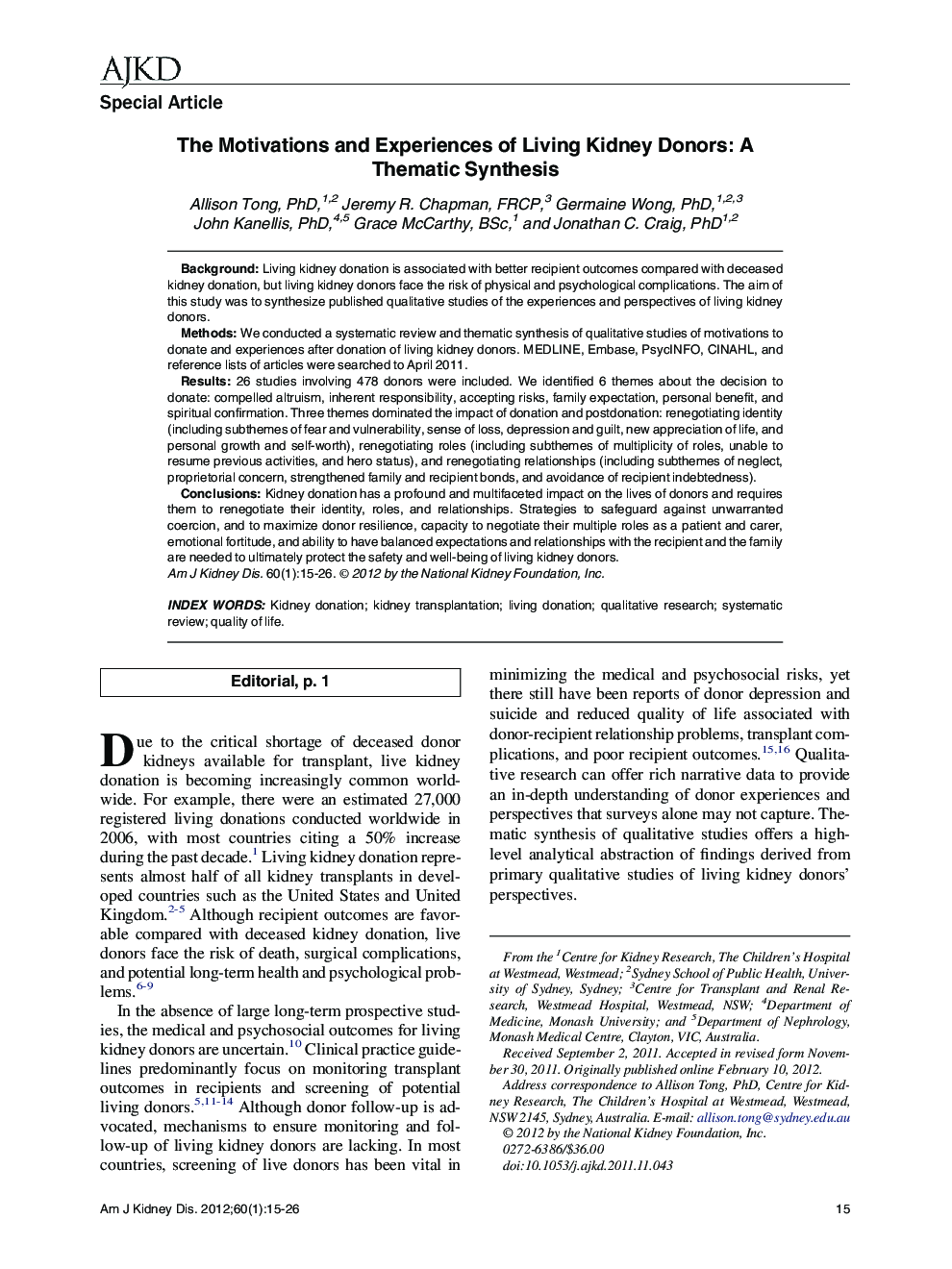 The Motivations and Experiences of Living Kidney Donors: A Thematic Synthesis