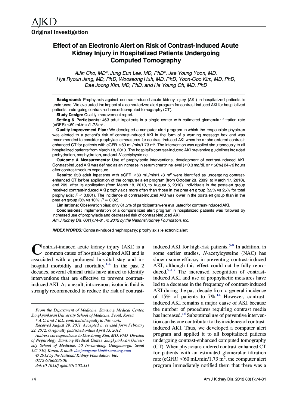 Effect of an Electronic Alert on Risk of Contrast-Induced Acute Kidney Injury in Hospitalized Patients Undergoing Computed Tomography