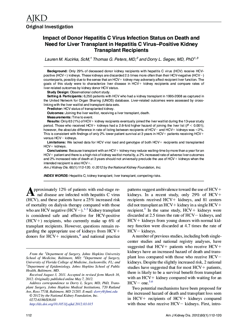 Impact of Donor Hepatitis C Virus Infection Status on Death and Need for Liver Transplant in Hepatitis C Virus-Positive Kidney Transplant Recipients