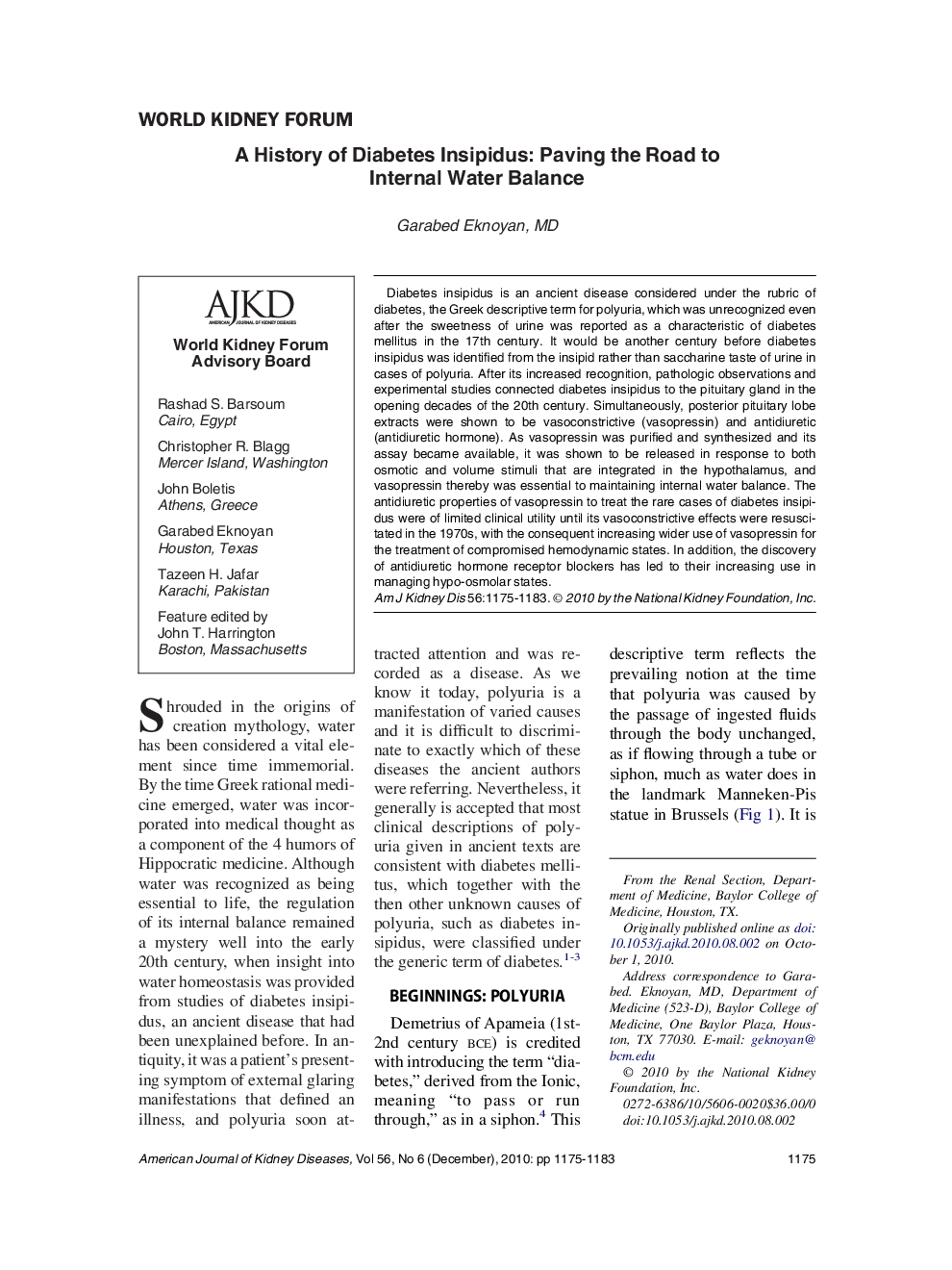 A History of Diabetes Insipidus: Paving the Road to Internal Water Balance