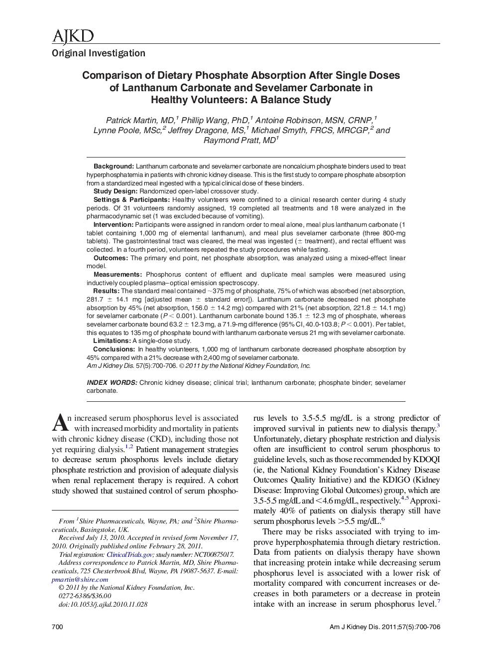 Comparison of Dietary Phosphate Absorption After Single Doses of Lanthanum Carbonate and Sevelamer Carbonate in Healthy Volunteers: A Balance Study