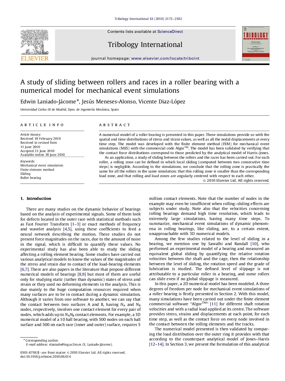 A study of sliding between rollers and races in a roller bearing with a numerical model for mechanical event simulations