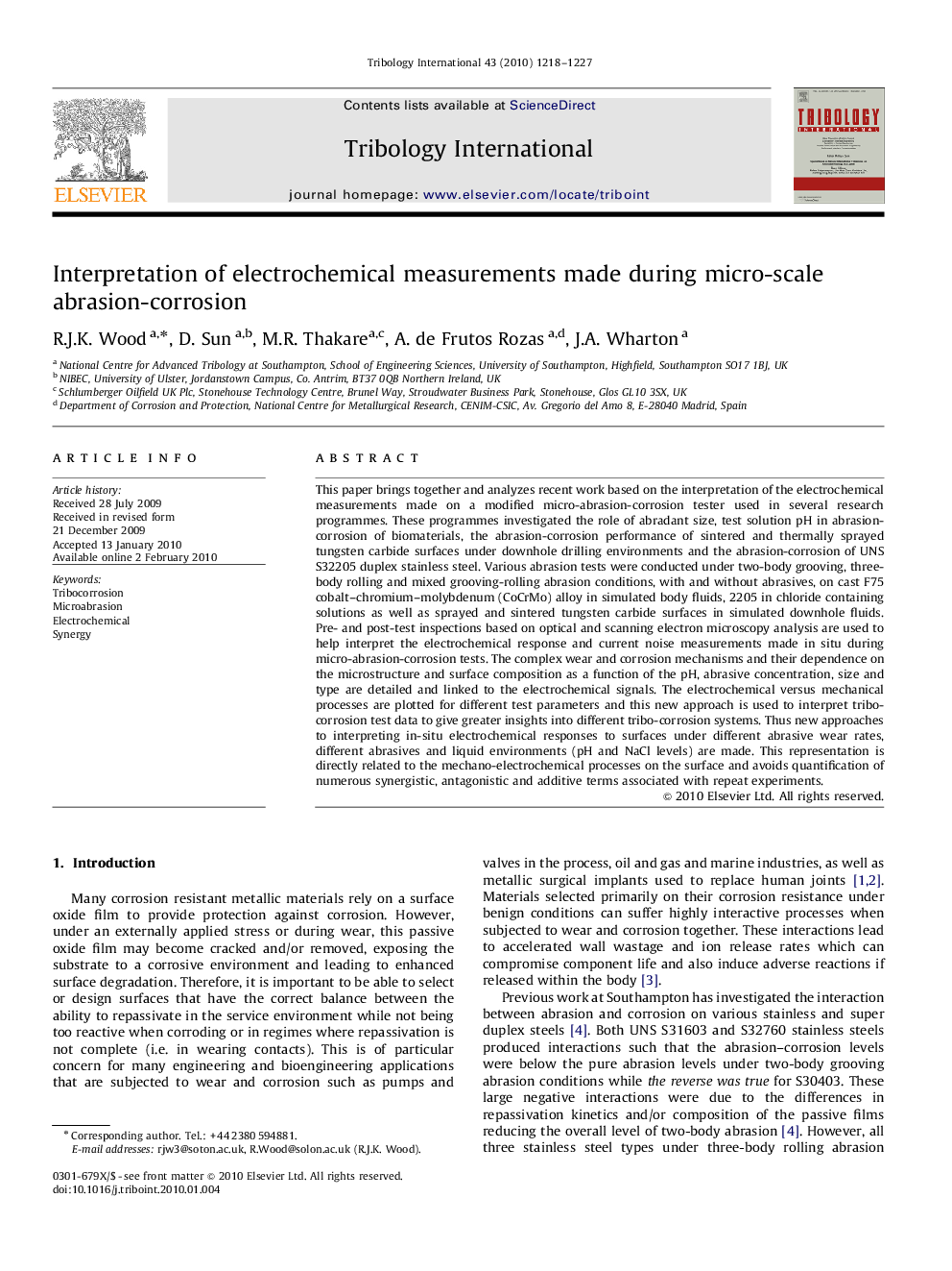 Interpretation of electrochemical measurements made during micro-scale abrasion-corrosion