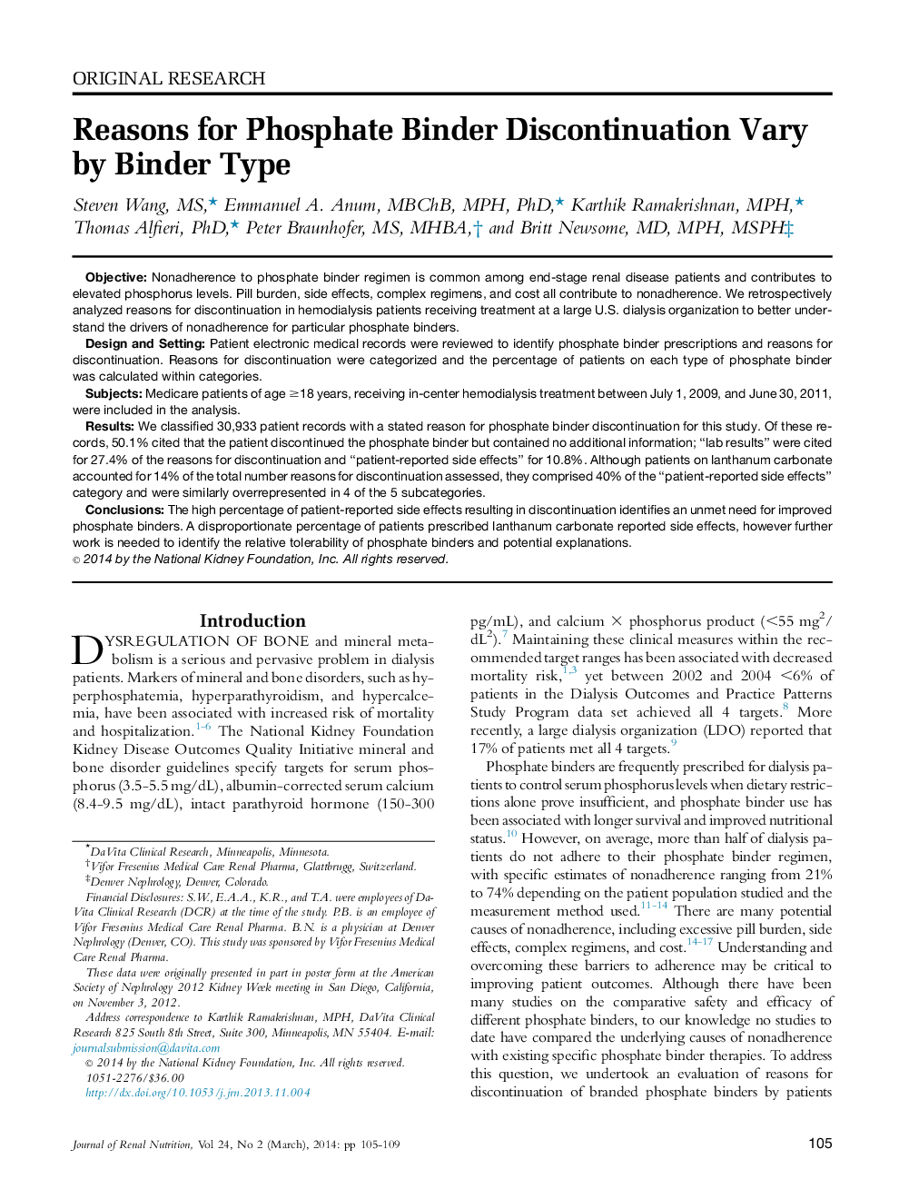 Reasons for Phosphate Binder Discontinuation Vary by Binder Type
