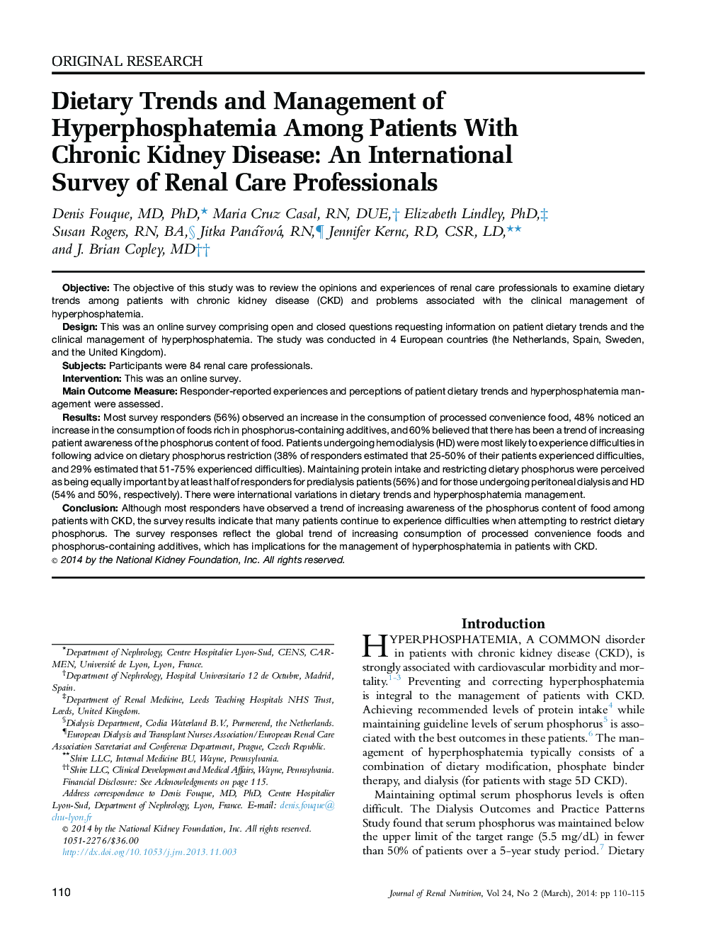 Dietary Trends and Management of Hyperphosphatemia Among Patients With Chronic Kidney Disease: An International Survey of Renal Care Professionals