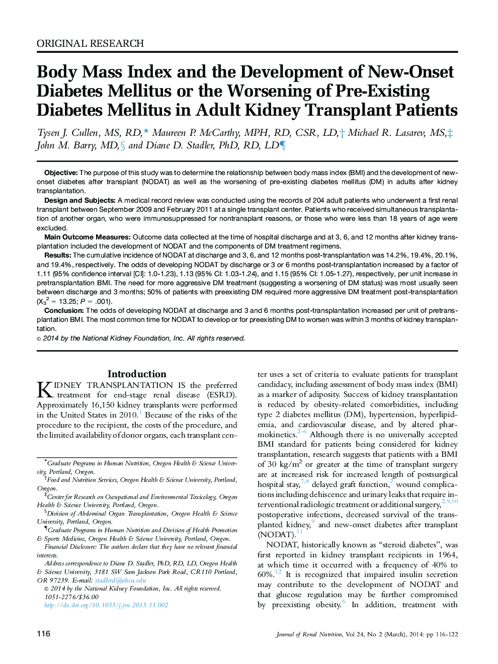 Body Mass Index and the Development of New-Onset Diabetes Mellitus or the Worsening of Pre-Existing Diabetes Mellitus in Adult Kidney Transplant Patients