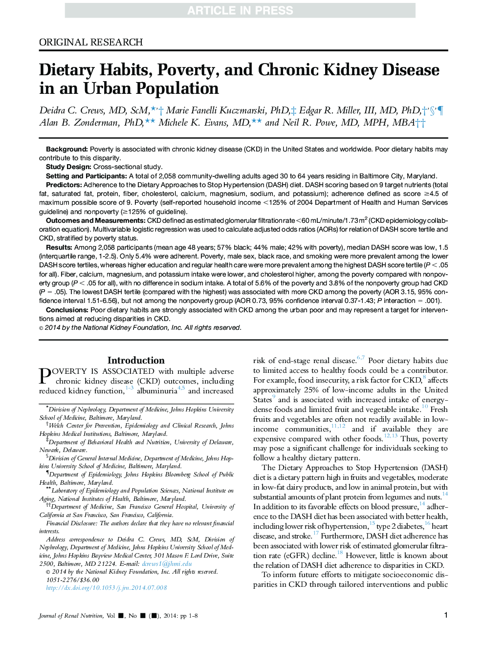 Dietary Habits, Poverty, and Chronic Kidney Disease in an Urban Population