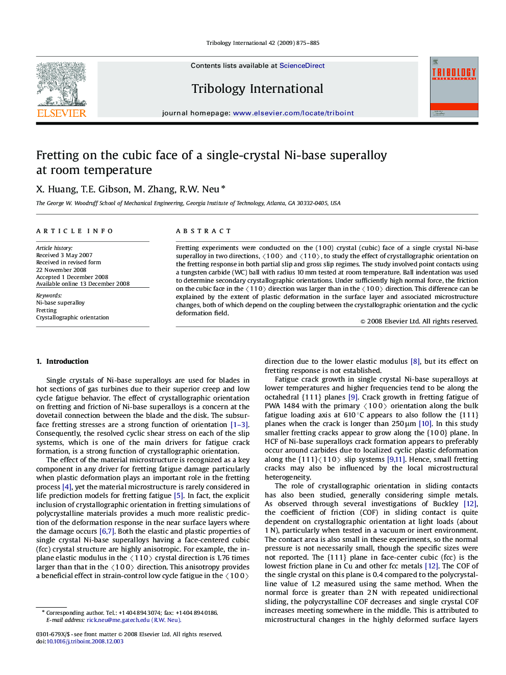 Fretting on the cubic face of a single-crystal Ni-base superalloy at room temperature