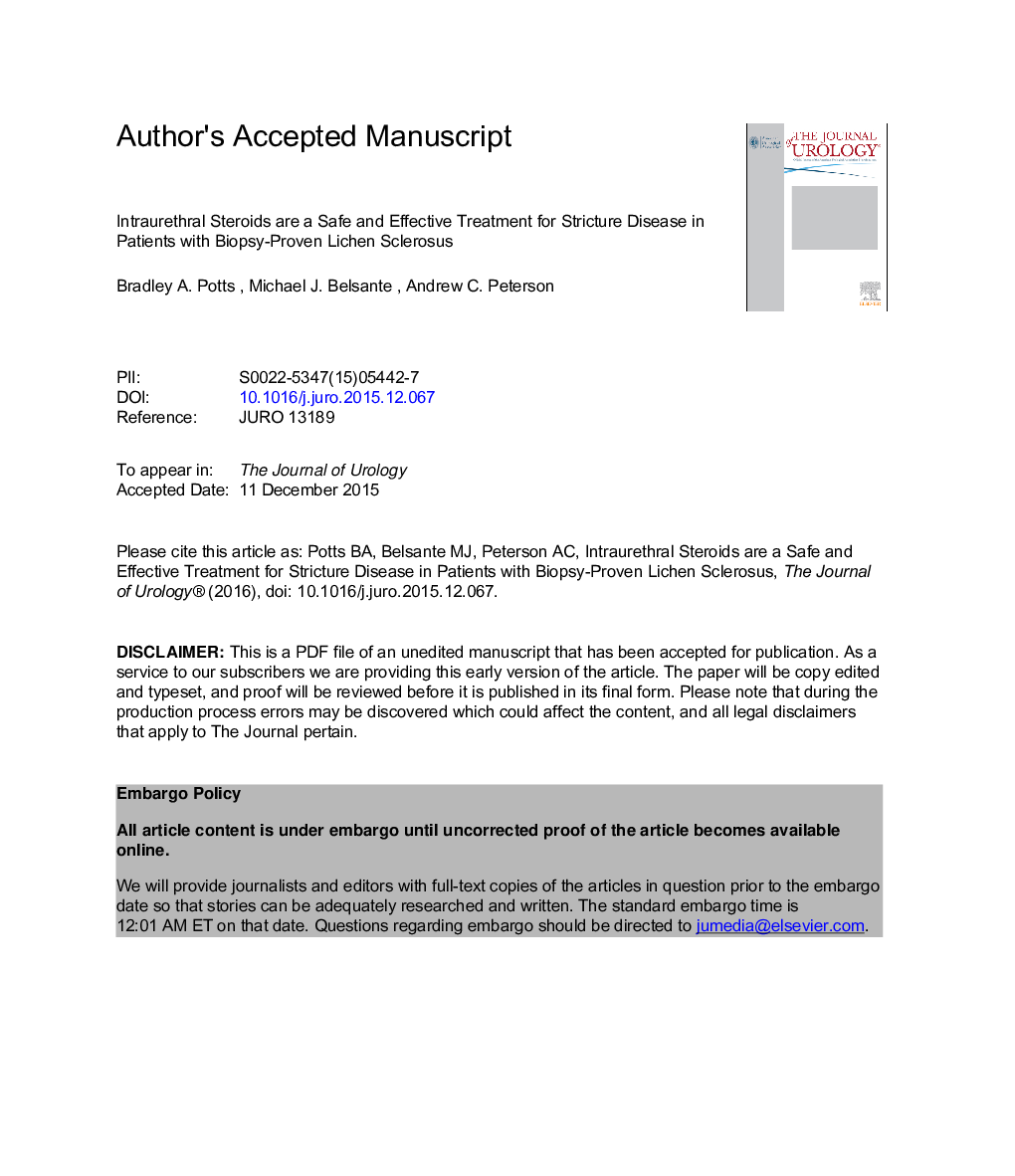 Intraurethral Steroids are a Safe and Effective Treatment for Stricture Disease in Patients with Biopsy Proven Lichen Sclerosus