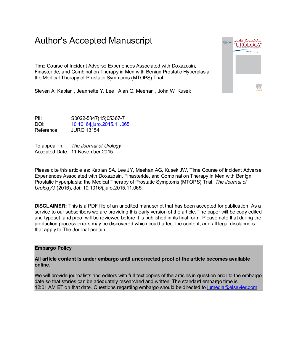 Time Course of Incident Adverse Experiences Associated with Doxazosin, Finasteride and Combination Therapy in Men with Benign Prostatic Hyperplasia: The MTOPS Trial