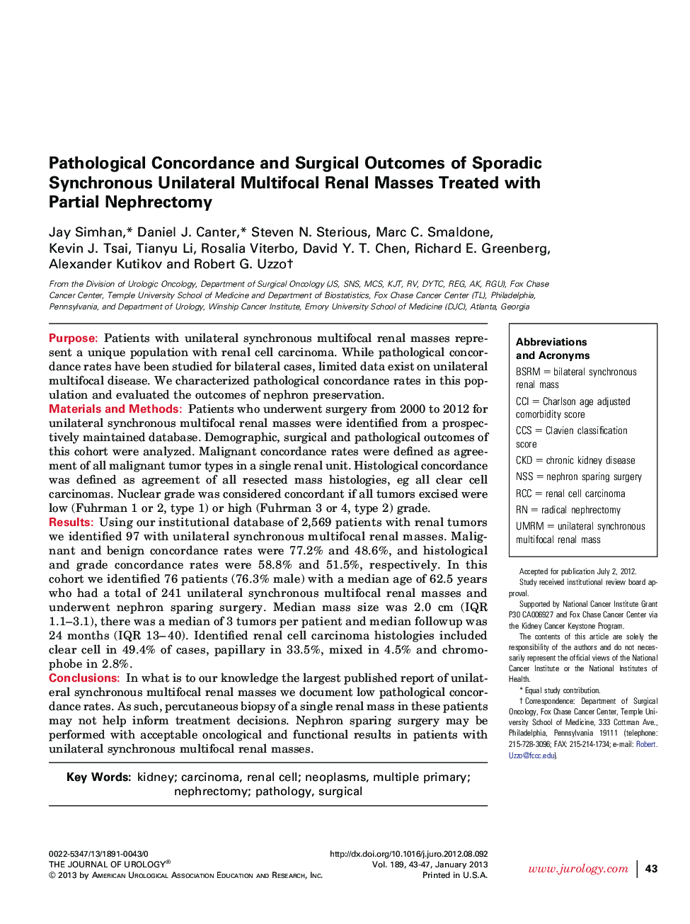 Pathological Concordance and Surgical Outcomes of Sporadic Synchronous Unilateral Multifocal Renal Masses Treated with Partial Nephrectomy