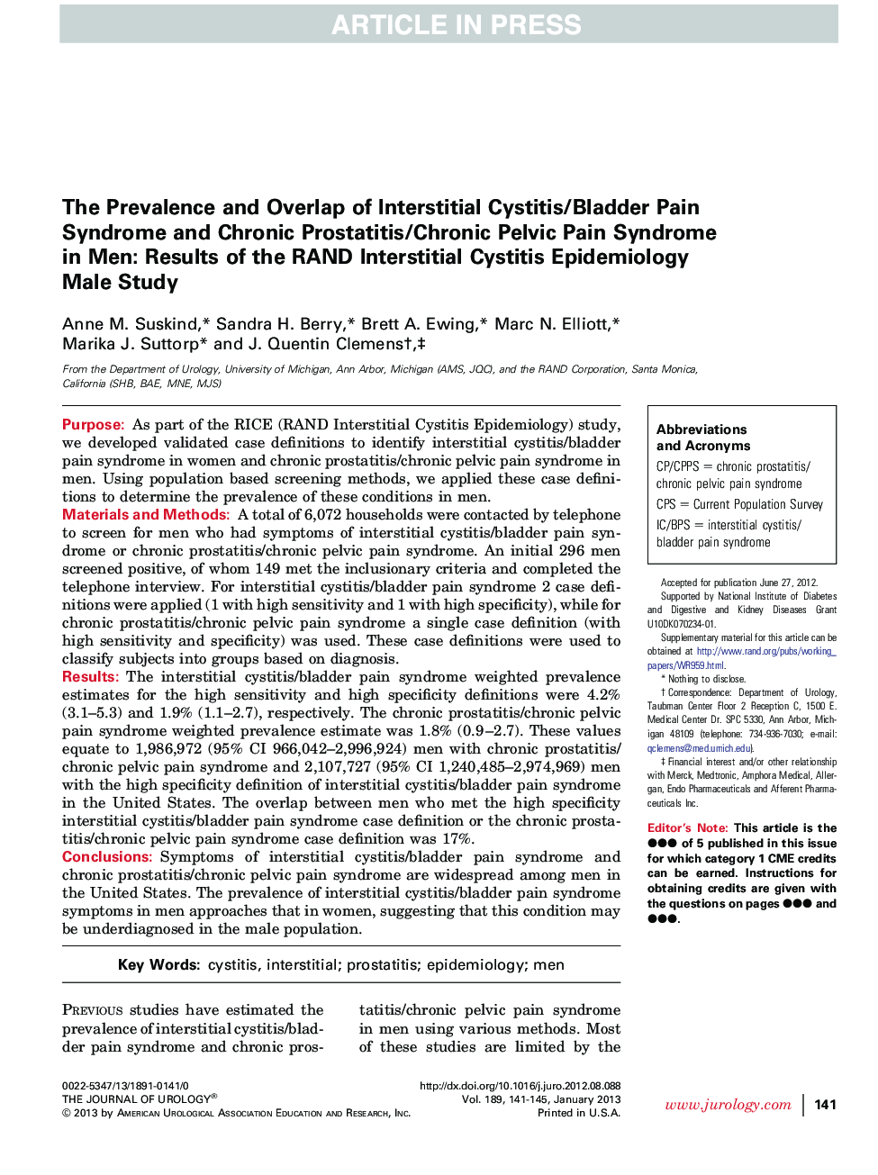 The Prevalence and Overlap of Interstitial Cystitis/Bladder Pain Syndrome and Chronic Prostatitis/Chronic Pelvic Pain Syndrome in Men: Results of the RAND Interstitial Cystitis Epidemiology Male Study