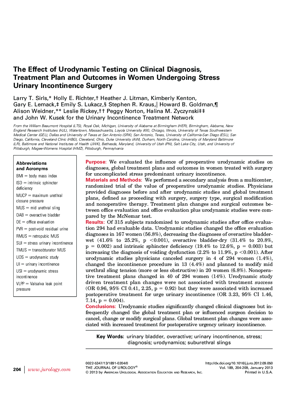 The Effect of Urodynamic Testing on Clinical Diagnosis, Treatment Plan and Outcomes in Women Undergoing Stress Urinary Incontinence Surgery