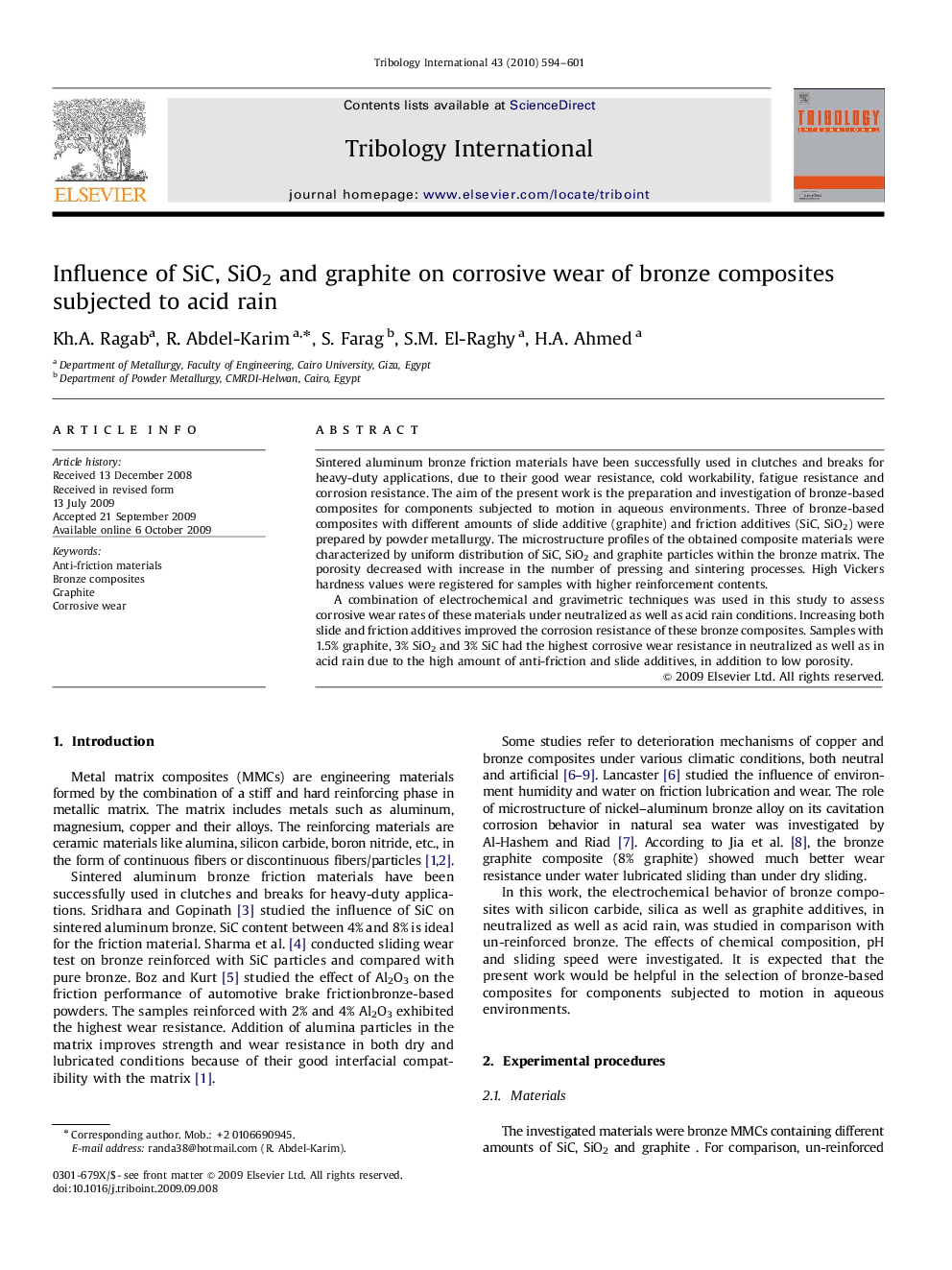 Influence of SiC, SiO2 and graphite on corrosive wear of bronze composites subjected to acid rain