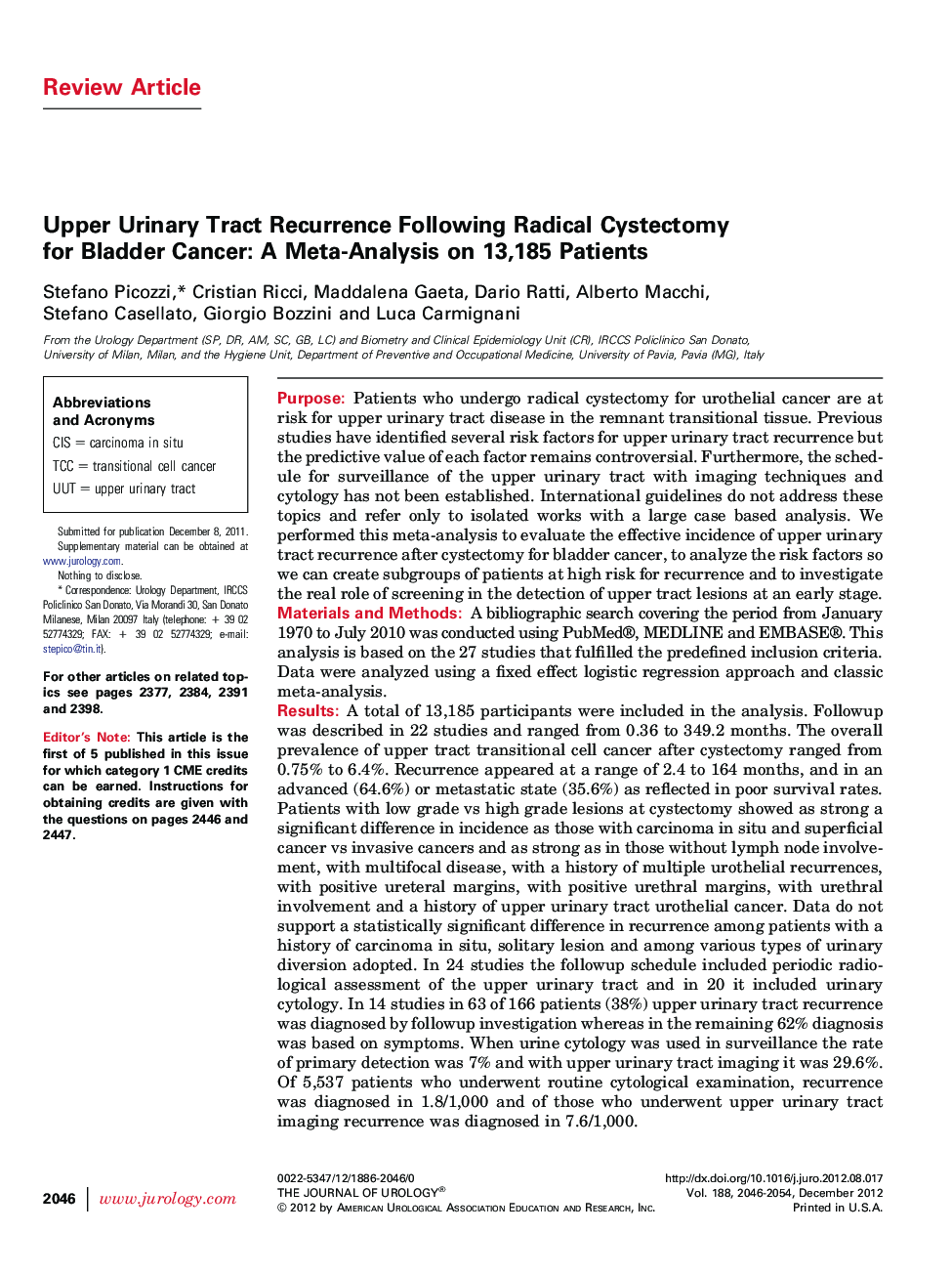 Upper Urinary Tract Recurrence Following Radical Cystectomy for Bladder Cancer: A Meta-Analysis on 13,185 Patients
