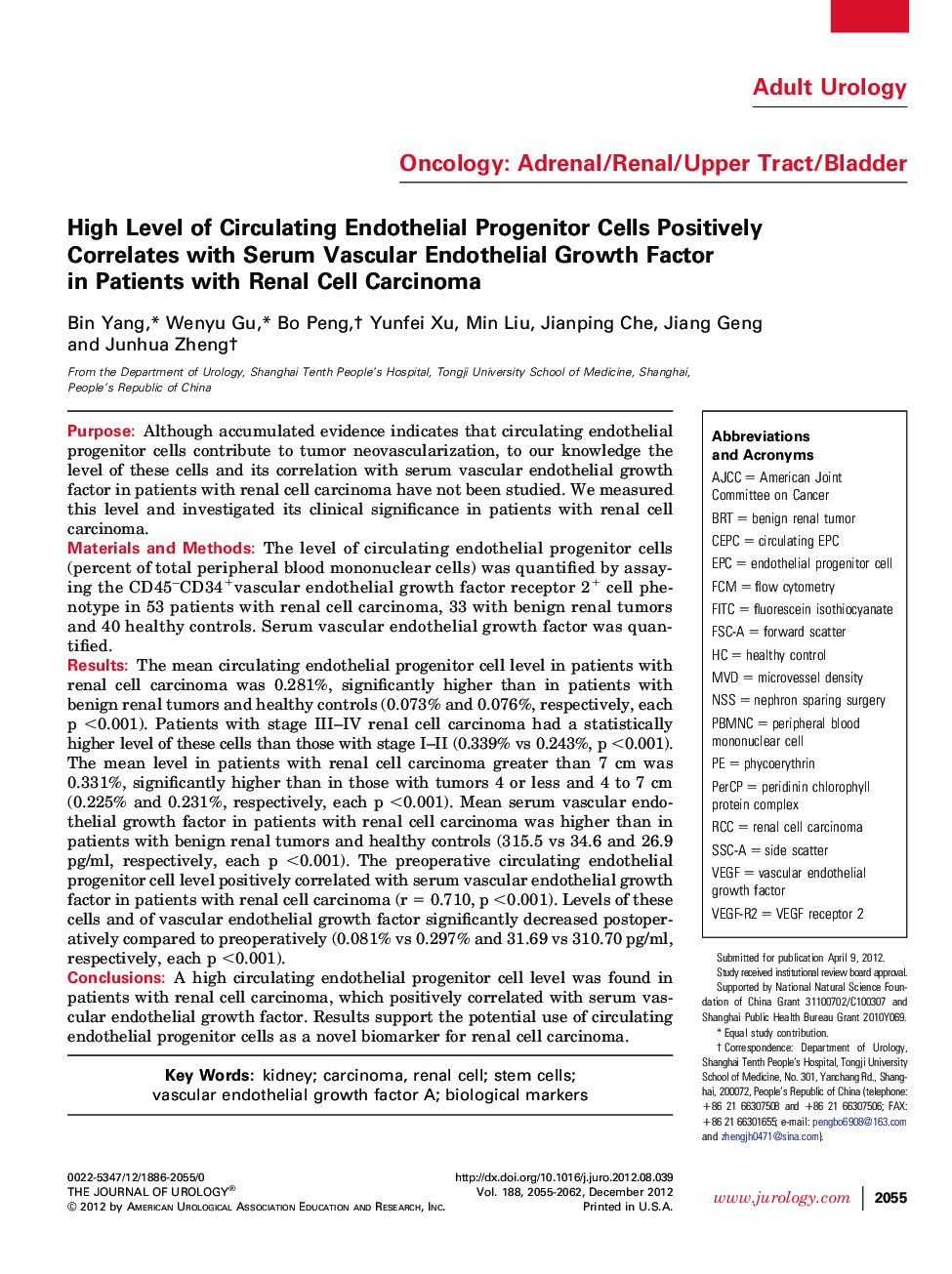 High Level of Circulating Endothelial Progenitor Cells Positively Correlates with Serum Vascular Endothelial Growth Factor in Patients with Renal Cell Carcinoma